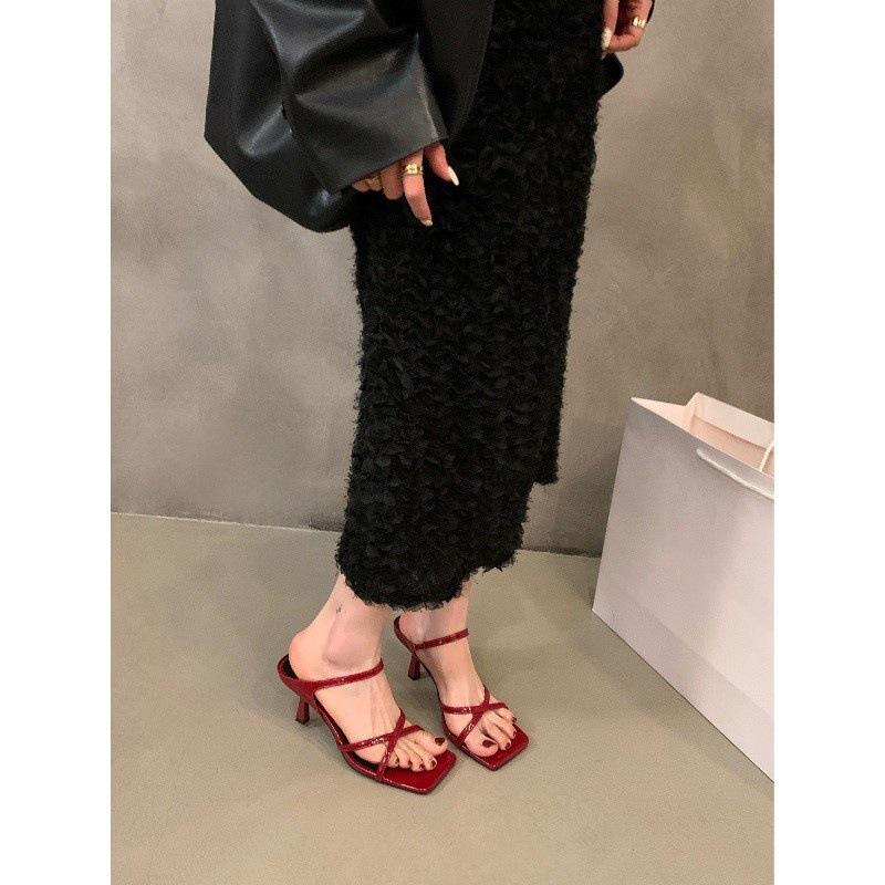 French temperament thin heel cool slippers fairy shoes 2025 new summer fashion black high heel sandals