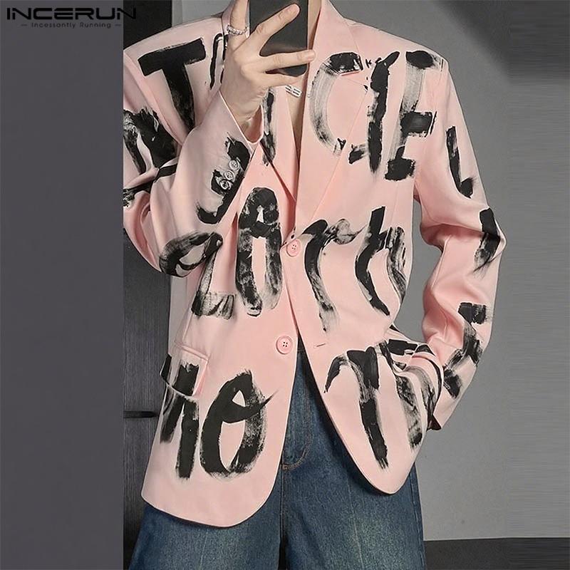 INCERUN Oversized Men Lapel Neck Long Sleeve Print Casual Loose Thin Blazer Coats