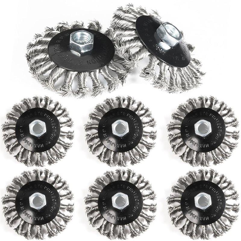 A27F-Steel Wire Wheels 1 Set/8 Pcs- Twisted Design Fits 4-1/2 Inch Angle Grinder, 5/8 Inch Spindle Brush Included