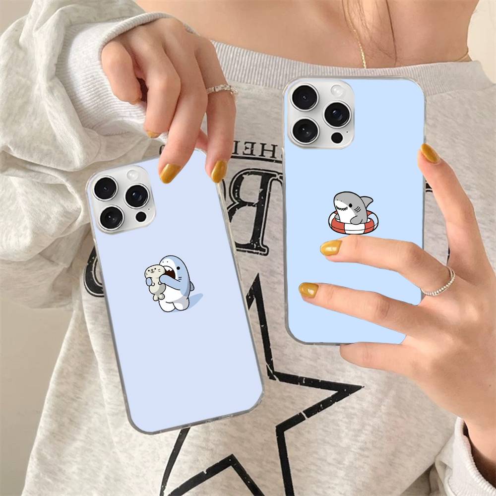 Cute anime Shark Phone Case For iPhone 17 16 15 14 13 12 11 Pro Max Plus Satin Colorful Cover
