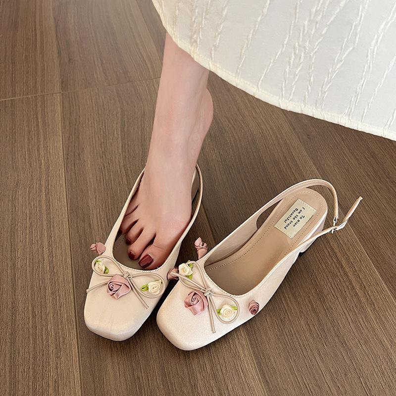 Fashion Medium Heeled Mary Jane Single Shoes 2024 New Women Shoes Fashion Elegant Flower Bow Pumps Square Toe Thick Heeled Ballet Shoes