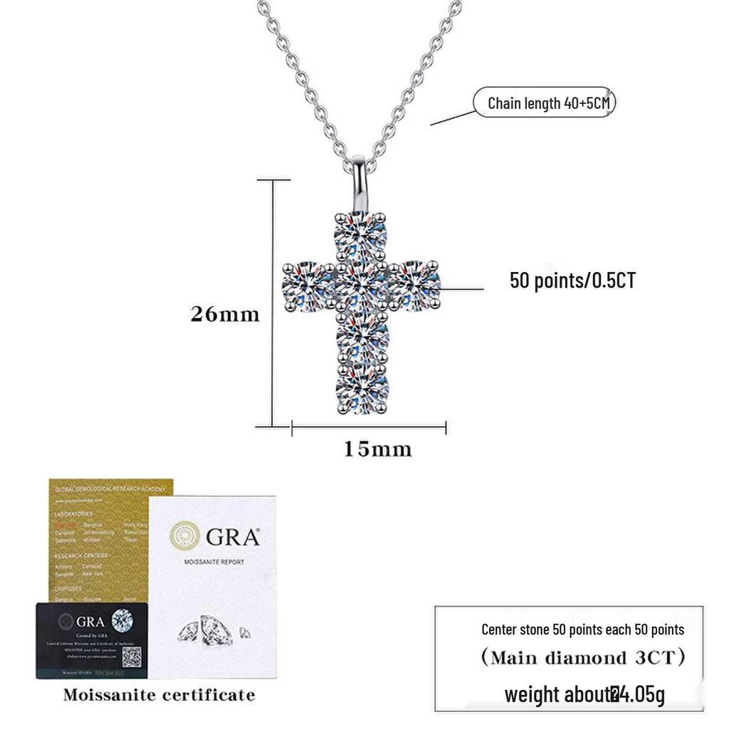 Women's Geometric 925 Sterling Silver Cross Pendant Necklace with 3 Carat Moissanite