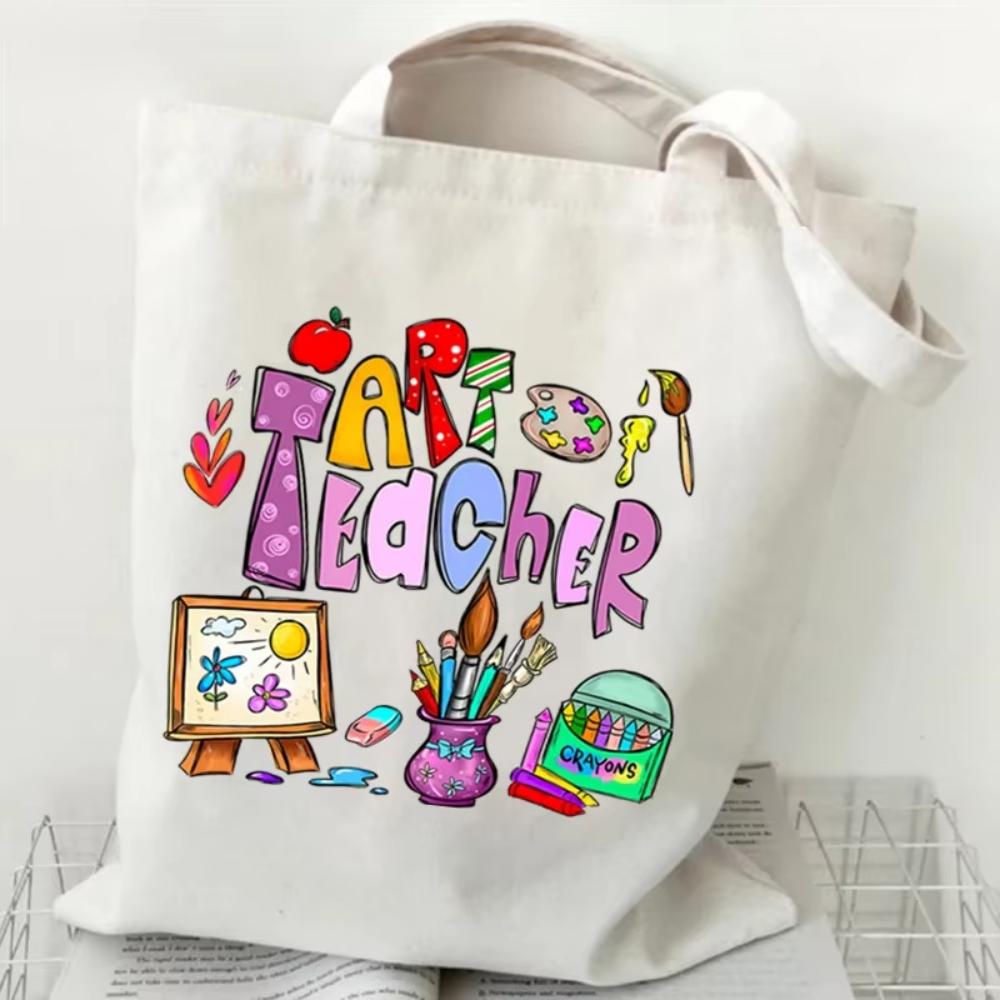 Teacher's Day Gift Teacher Print Canvas Tote Bag Women Handbag Colored Letters Teacher Canvas Tote Bag Floral Shoulder Bag