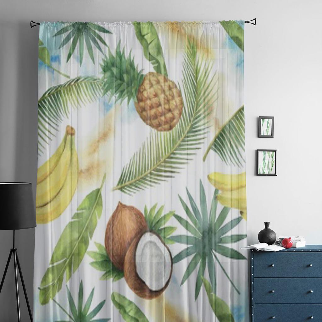 Watercolor Coconut Banana Pineapple And Palm Trees White Sheer Curtains Living Room Tulle Window Curtain Bedroom Kitchen Drapes