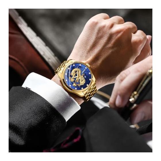 Dragon Watch Men's Stainless Steel Gold: Luminous Analog Calendar Dragon Quartz Watch Antique 3ATM Waterproof Men's Fashion Accessories Gold -