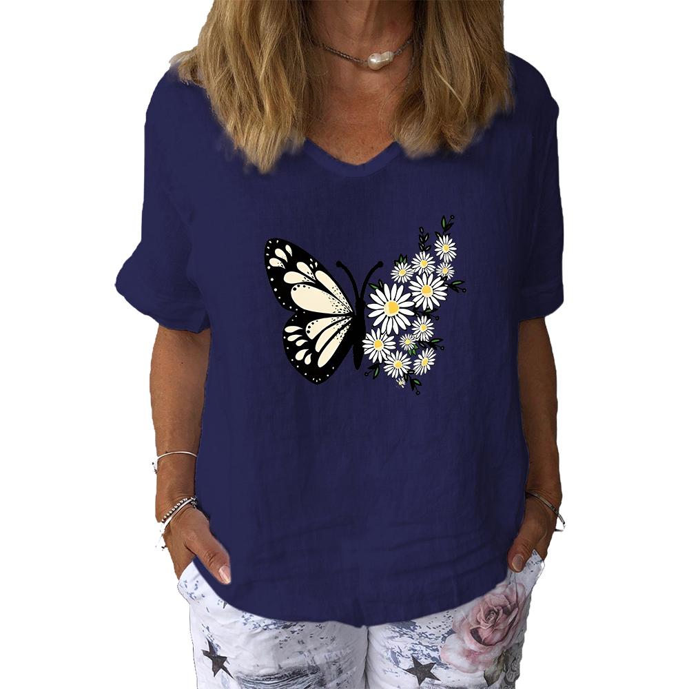Women Fashion V Collar Short Sleeve Top Summer Casual Cotton Linen Shirt Ladies Print T-shirt