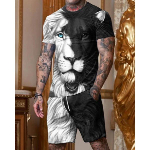 Summer Round Neck 3D Lion Printed Set Fashionable and Casual Short Sleeved Shorts Men's Clothing Sets Sport Wear