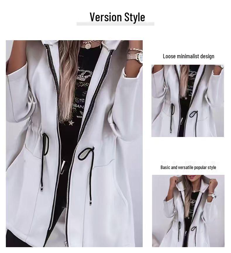 Europäische & Amerikanische Damenmode Reißverschluss Kapuzenjacke Mittellang mit Taillengürtel