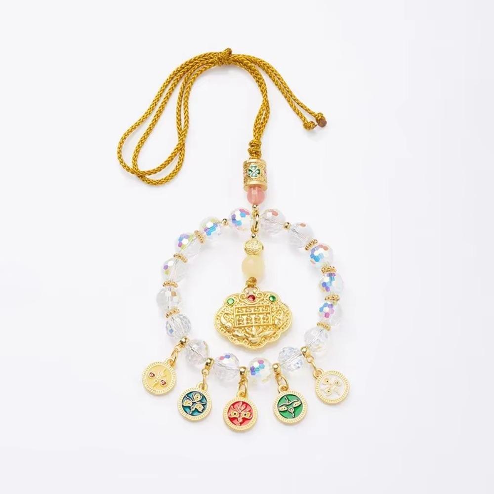 Gold Foil Car Mirror Dangle Pendant Five Paths Wealth Goddess Lucky Lock Mobile Phone Chain Beads Hangings Decor Colorful Abacus