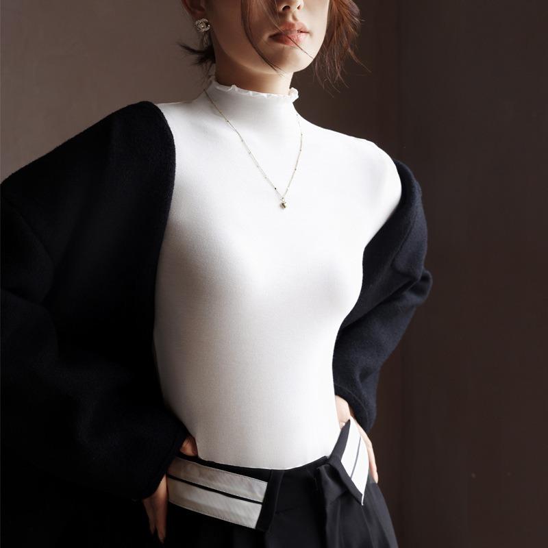 Women's Fall and Winter Inner Half High Neck Wooden Ear Trim Long Sleeve Top