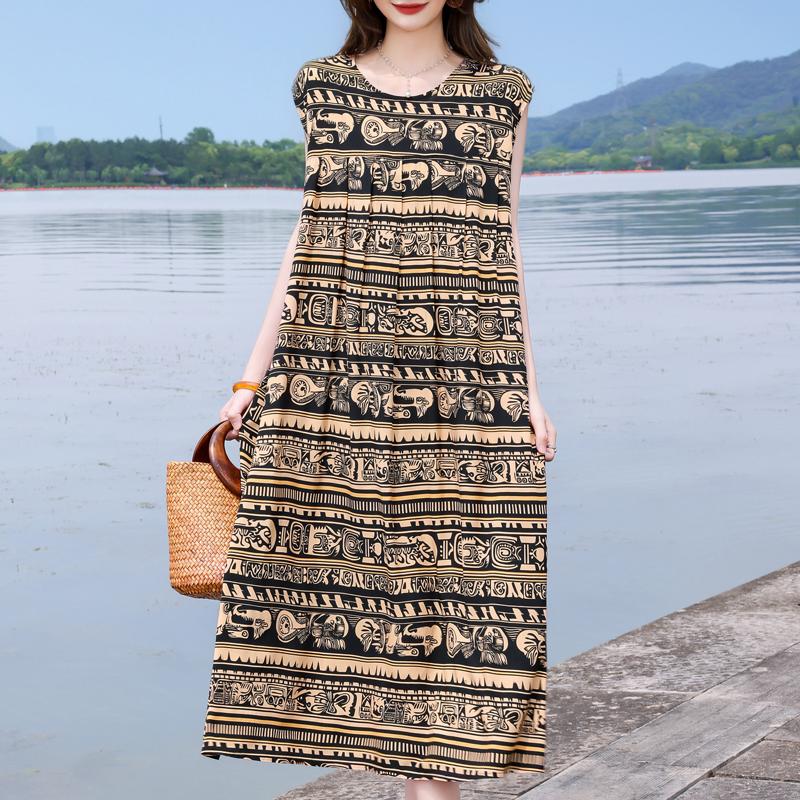 Casual Beach Dresses for Woman Plus Size Loose Vintage Print Long Sleeveless Dress Summer Women's Clothing