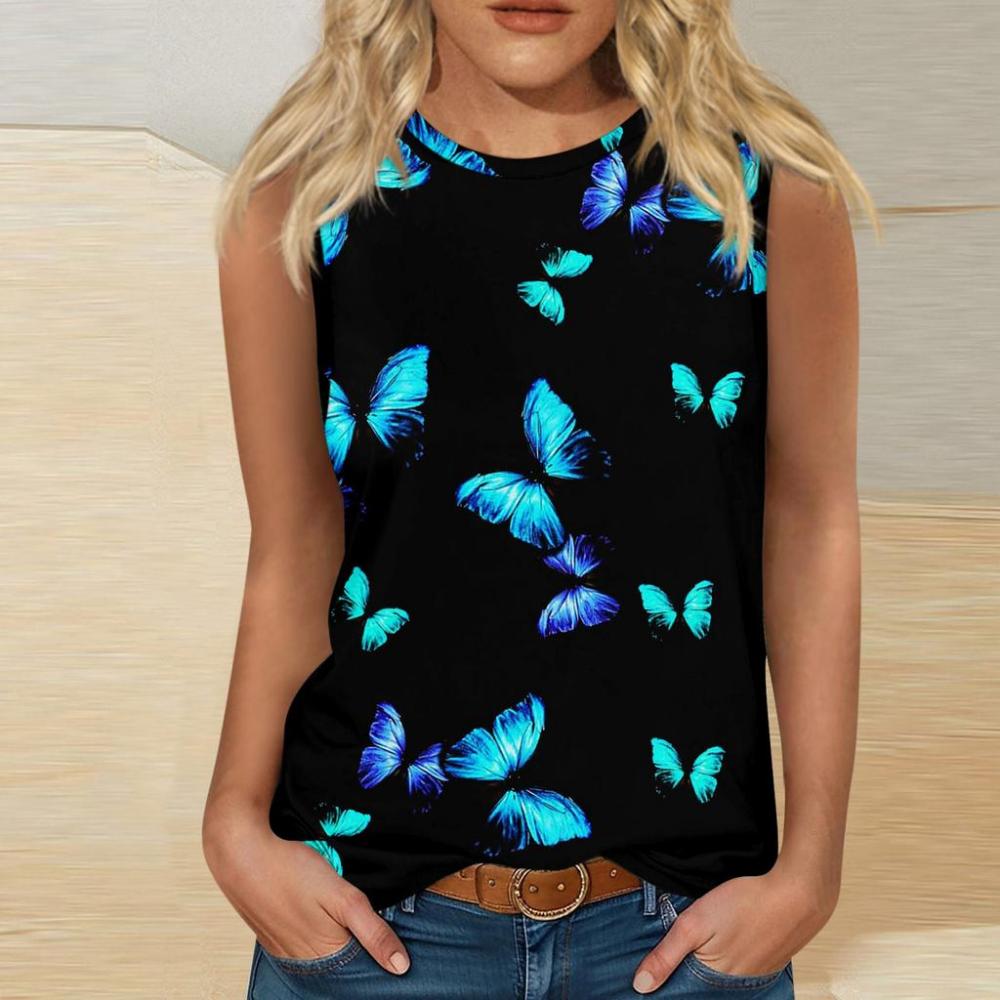 Women's butterfly 3D printed sleeveless T-shirt, round neck off shoulder casual vest, elegant Y2K sleeveless top, T-shirt, women's clothing