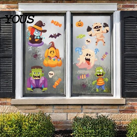 Festive Holiday Home Decor Halloween Static Window Clings, Cartoon Ghost Pumpkin Witch Monsters Decals, Waterproof Creative Gifts for Removable