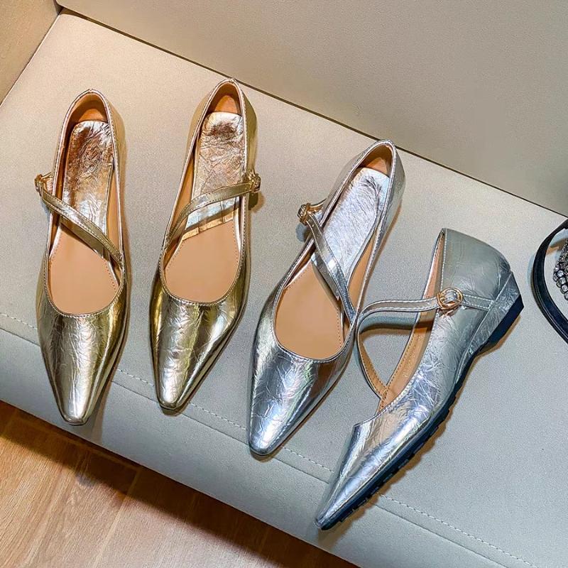 Women's Fashion Buckle High Heels French Silver Strap Mary Jane Shoes Women's 2025 New Soft Leather Wedge Pointed Toe Shoes