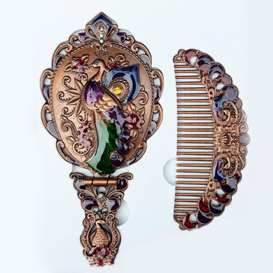 Vintage Folding Hand Mirror with Carved Comb Portable Travel Long Handle Metal Makeup Mirror Women Decorative Handheld Desk Vanity Mirror