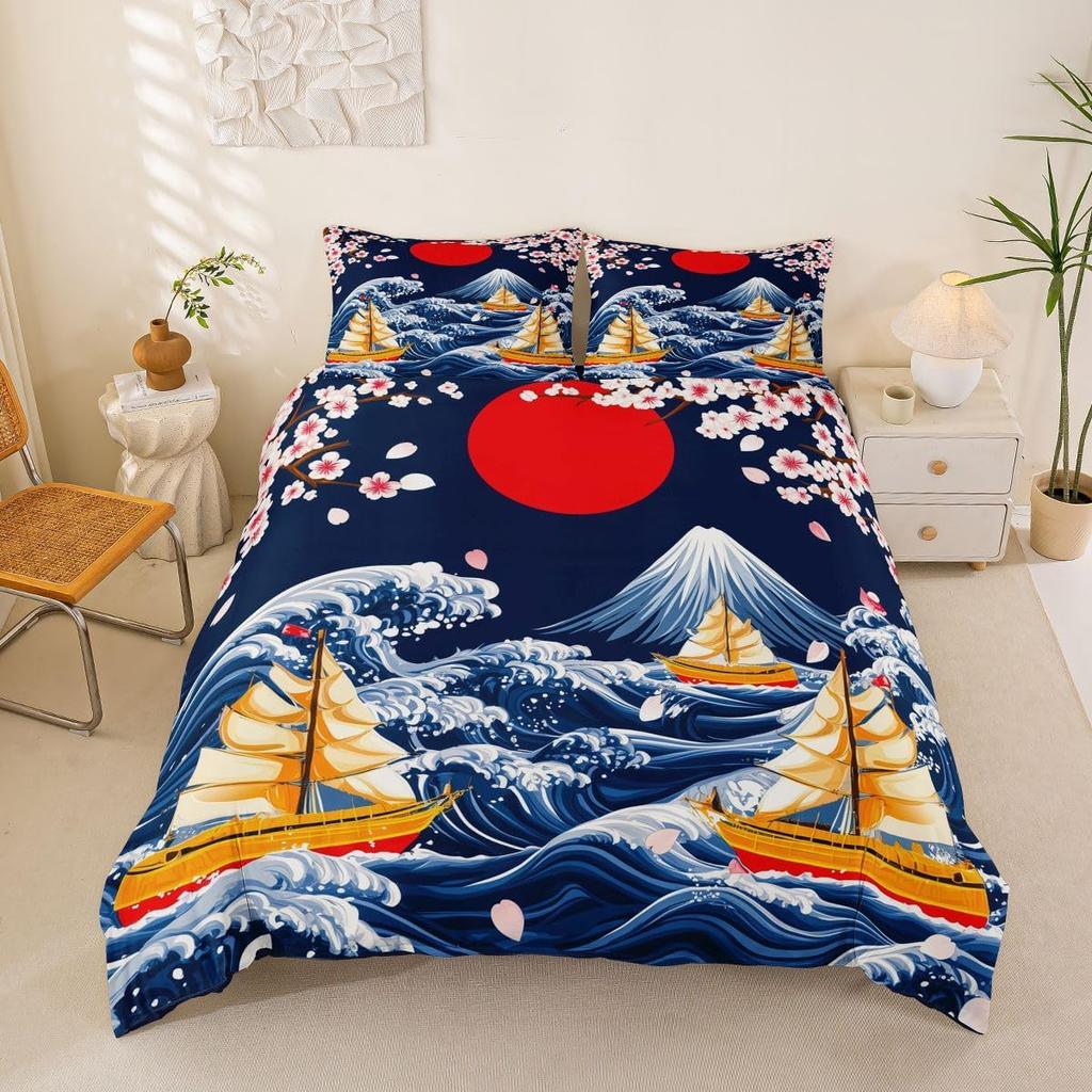 Japanese Wave Bedding Sets,Mount Fuji Sun Painting Duvet Set 2Pcs for Kids Girls Boys Teens Room Decor,Polyester Comforter Cover