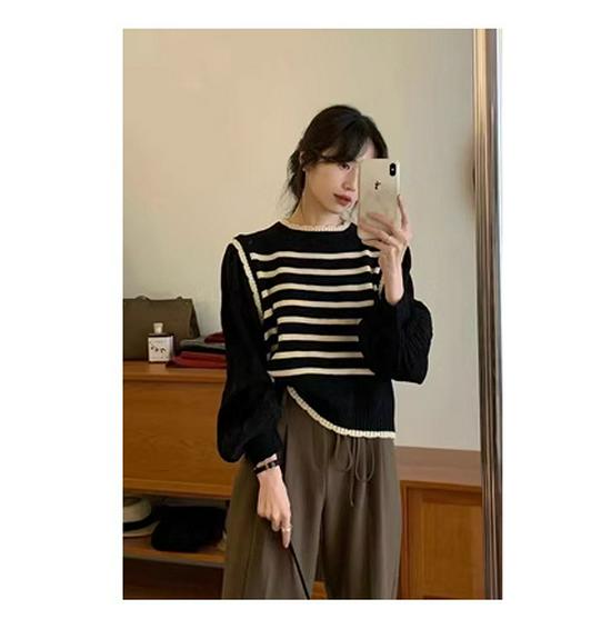 Women's 2023 French Style Striped Patchwork Long Sleeve Knit Sweater