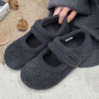 Woolen Mary Jane Women's 2025 Autumn and Winter New Plush Warm Woolen Shoes Velcro Soft Ballet Women's Shoes