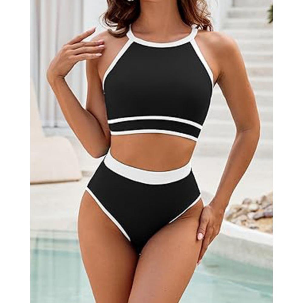 

Новый европейский красивый женский купальник с высокой талией, однотонный спортивный купальник, раздельный купальник S чёрный