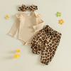 Citgeett Set Toamnă Bebeluș Fetiță Tinute de Toamnă Casual Salopetă cu Maneci Lungi Canelată Pantaloni cu Imprimeu Leopard Centură Set Banda de Păr