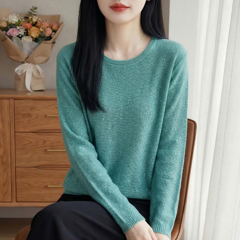 New Spring Pink Knit Round Neck Sweater for Women - Loose, Stylish Long Sleeve Base Top
