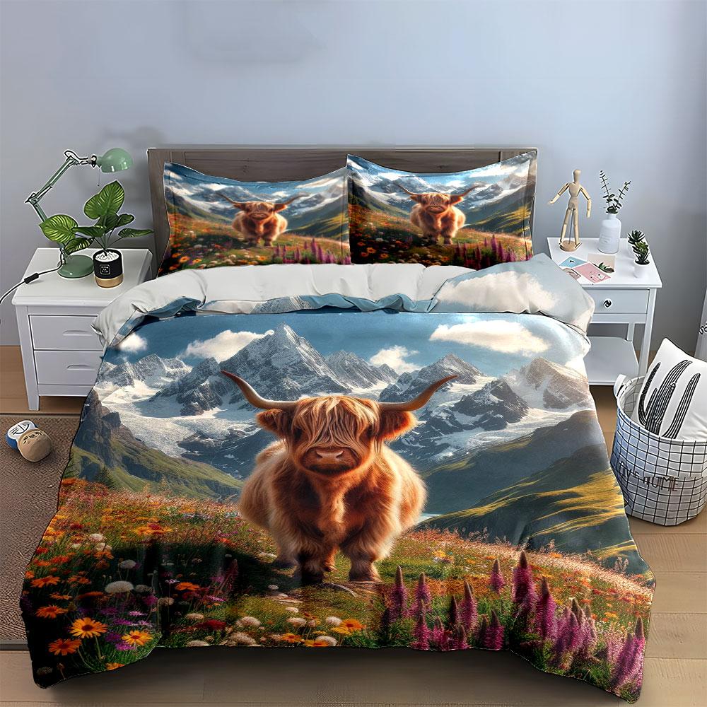 Highland Cow Landscape Decoration Set Soft Skin-Friendly Bedding Set Includes 1 Duvet Cover And 2 Pillowcase Gift