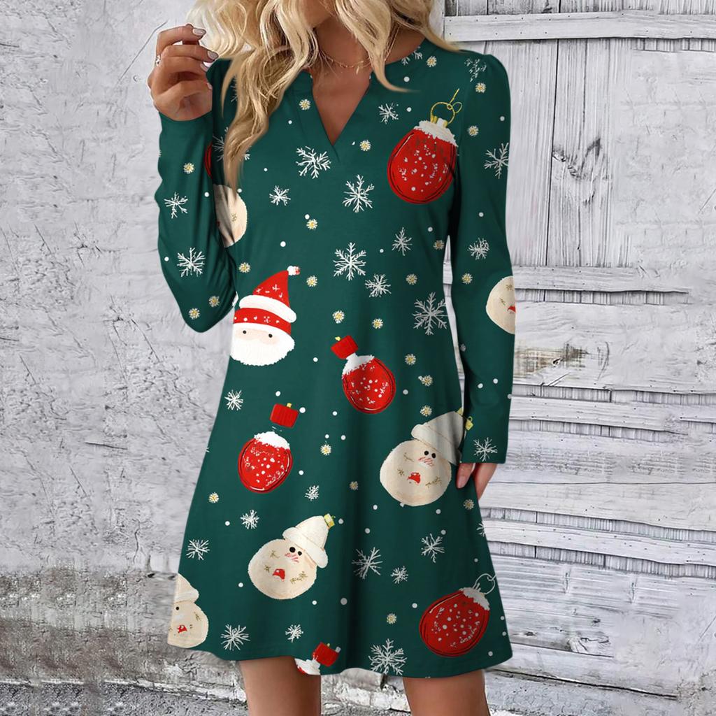 Women's Christmas Printed Dress Loose V-neck Casual Long Sleeved Dress