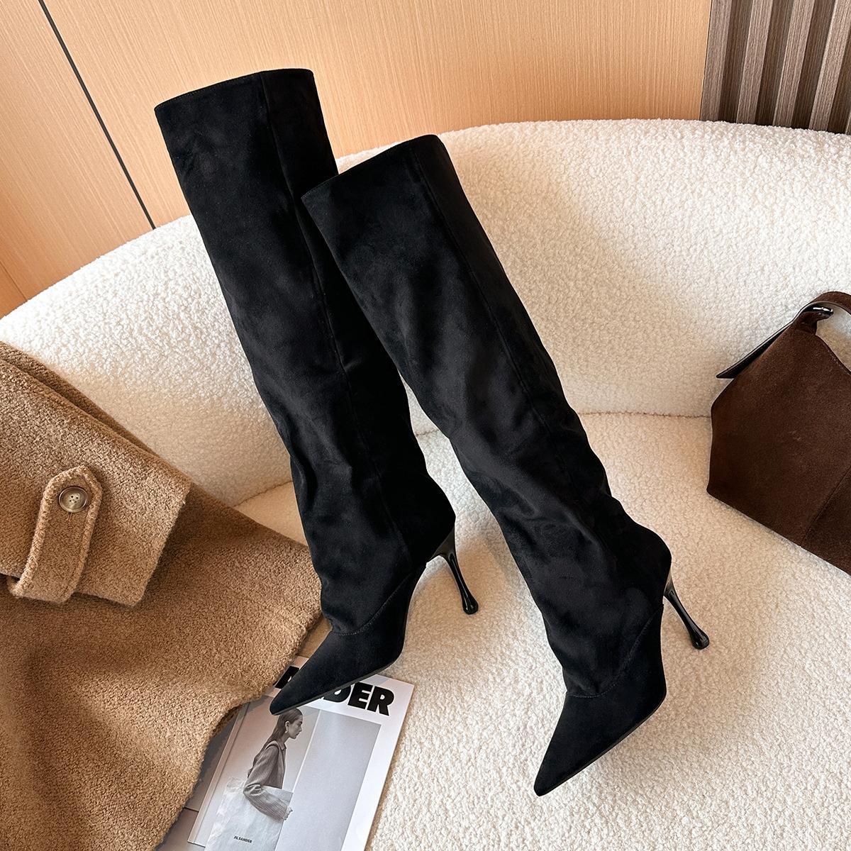 

3773-5 High Heel Pointed Versatile Pile Boots Long Women s Shoes 2025 Autumn and Winter New Cloth Skinny Knight Boots 35 чёрный