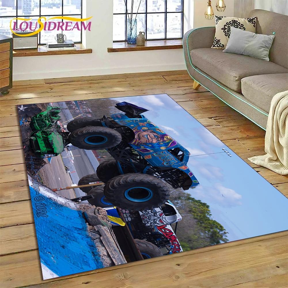 Tapete Cartoon Monster Truck Monster Jam para Sala de Estar Quarto Decoração de Casa, Tapete de Chão Antiderrapante Decoração para Sofá Capacho