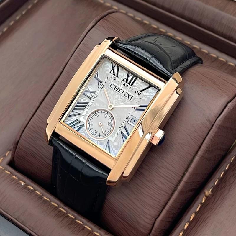 CHENXI 8216 Men's Quartz Watch Square Roman Numeral Dial Calendar Genuine Leather Band Waterproof Business Casual Wristwatch