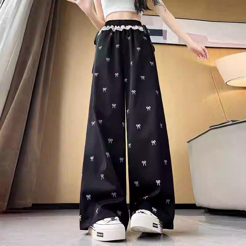 Women's Spring and Summer Bow Lace Patchwork Wide Leg Pants, Loose and Casual Lazy Pants