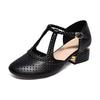 Round Head Hollow Sandals Women's Summer New Hollow Punching T-button Women's Shoes Thick Heel Medium Heel Sandals