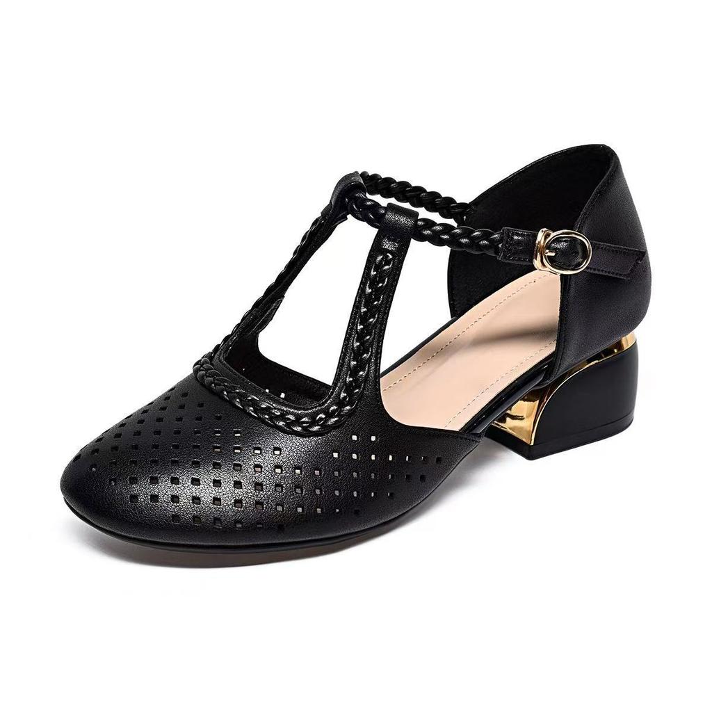 Round Head Hollow Sandals Women's Summer New Hollow Punching T-button Women's Shoes Thick Heel Medium Heel Sandals