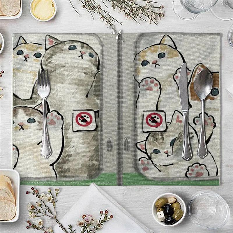 Mantel Individual Para Mesa de Comedor Lindo Gato Dibujo Animado Animal Estera Posavasos Creativo Estampado Resistente al Calor Accesorios de Cocina Comedor Almohadilla Caliente