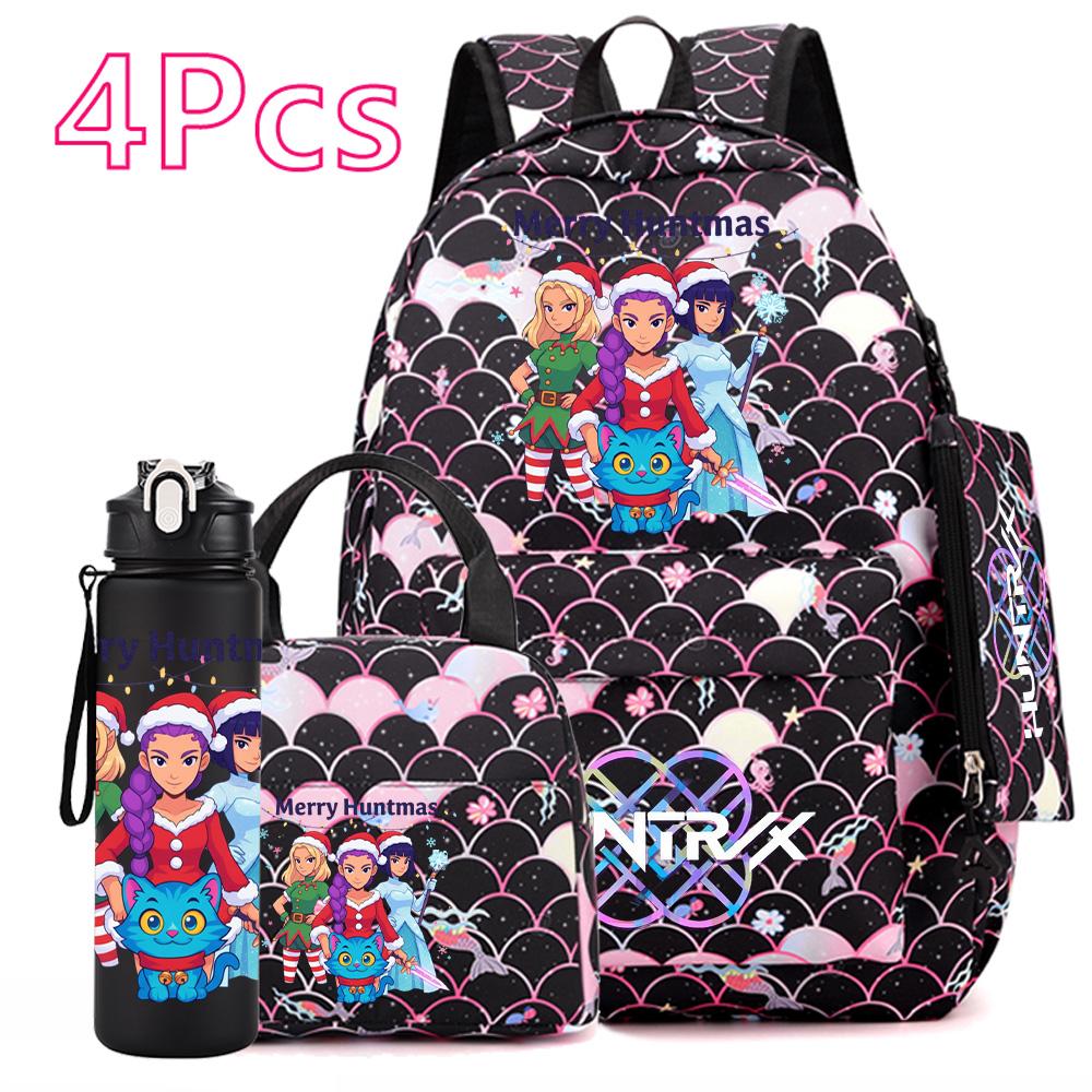 4Pcs/set Christmas Kpop Printed Backpack with Handbag Pencil Case 750Ml Water Bottler for Teenager Boy Girl Large Capacity Bookbag Schoolbag Kid Gift