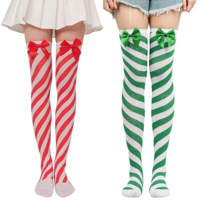 Gestreifte Strümpfe Für Damen Über das Knie Lange Socken Weihnachten Grün Rot Schleife Lange Socken Damen Bein Strumpf