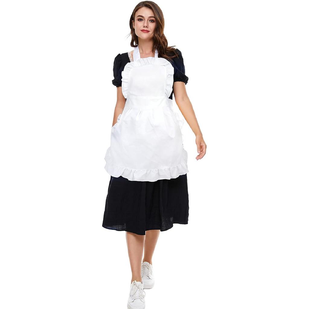 Women's Ruffle Outline Retro Apron Kitchen Cake Baking Cooking Cleaning Maid Costume (White)