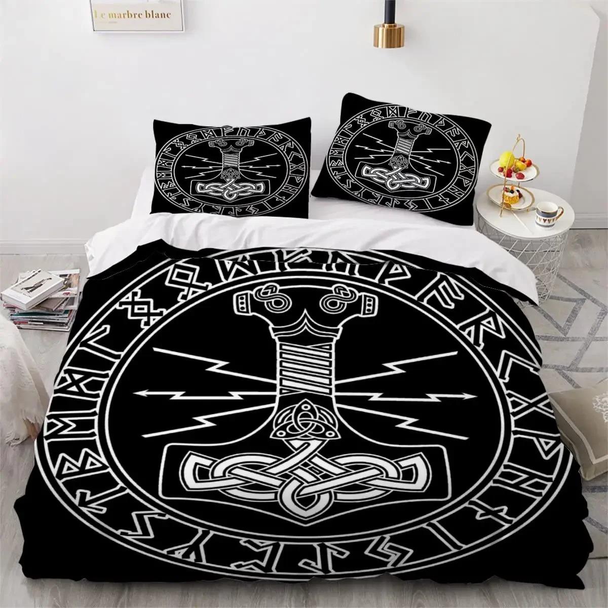 Viking Dekbedovertrek Set Nordic Viking Runen Print Beddengoed Set voor Jongens Tiener Mannen Kingsize 2/3 stuks Zacht Polyester Dekbedovertrek EU single(135x200cm)