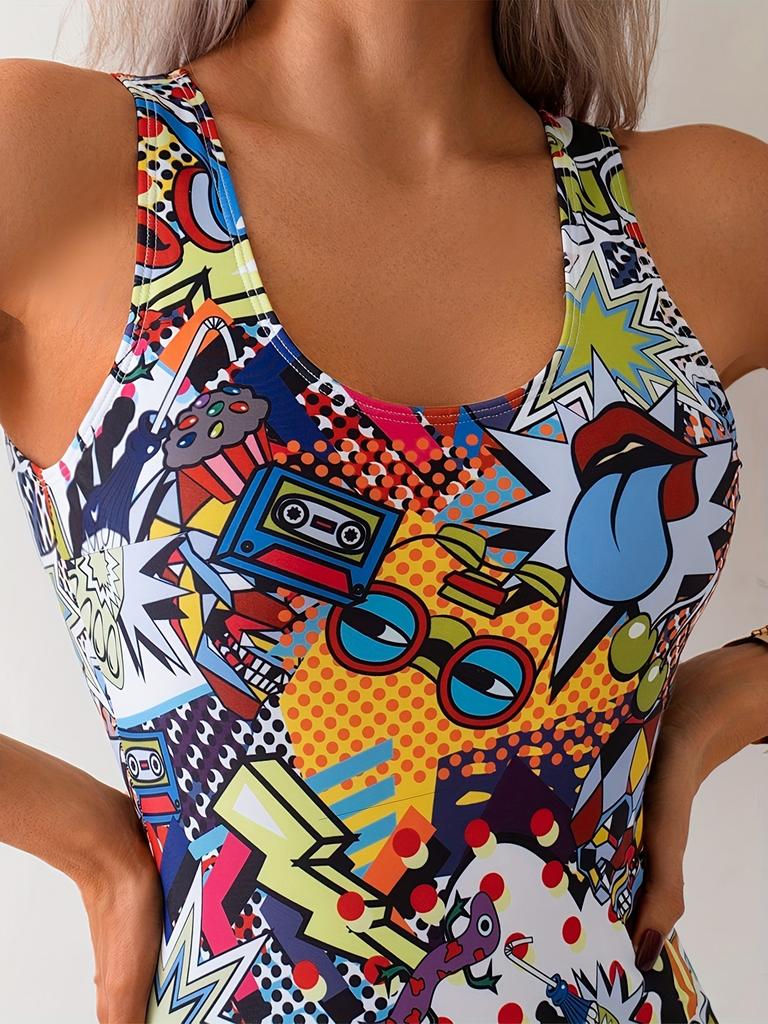 Modischer Cartoon-Print Hohe Taille Bauchkontrolle Spezieller Stil Bikini Badeanzug Für Damen