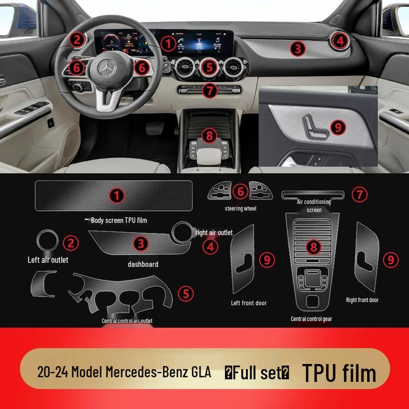 Compatible Interior Films for 25 Mercedes-Benz GLA/GLB Models: Navigation Screen, Gear Shift, and AC Stickers in HD TPU.