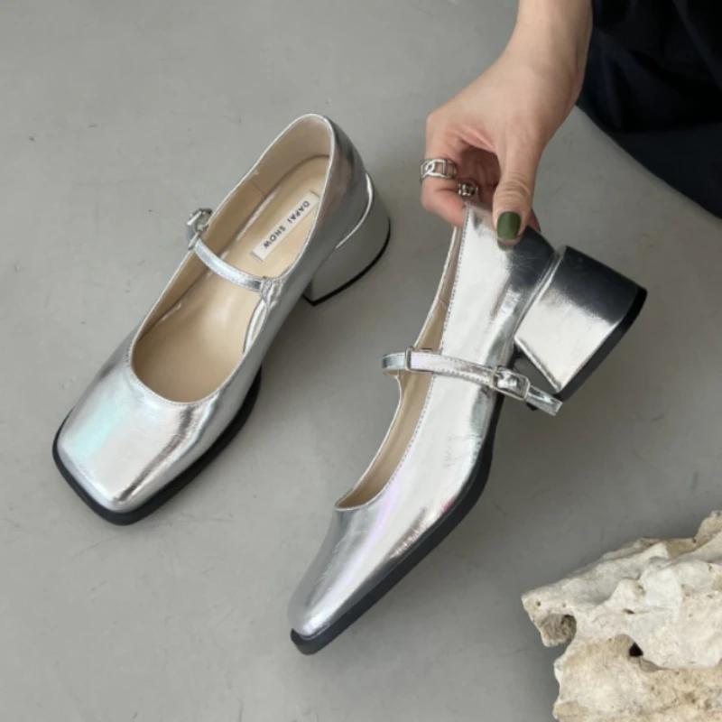 Women Heels Shoes Fashion Square Toe Women Mary Jane Shoes Soft Sole Ballet Shoes Luxury Shallow Buckle Women Sandals