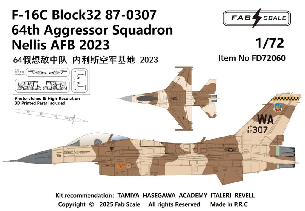 FabScale Block 32 Air Force 64th Aggressor Squadron Nellis AFB 2023 with Etched and 3D Printed Plastic Model Decals FABD72060 1/72 F-16C 87-0307 U.S.