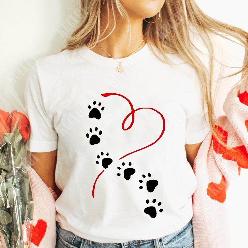 Funny Heart  Dog Paw Print Women Tshirts Fashion Summer Ladies Tshirts Short Sleeves Clothes Love Heart Fashion Casual Shirts