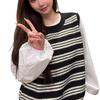 Women's Korean Style Striped Sleeveless Sweater Vest - Color Block Round Neck for Spring & Autumn Layering