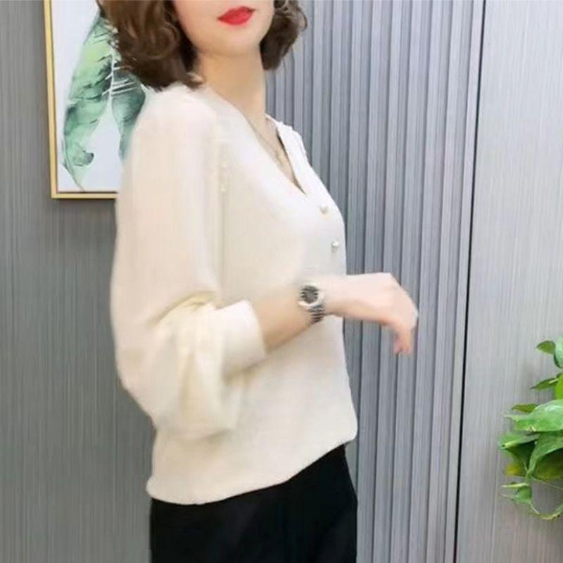 Büro Dame Unifarben Gespleißtes V-Ausschnitt Hemd Lässig Locker Schick Perlenknopf Frühling Herbst Stilvoll Perlenstickerei Damen Koreanische Bluse