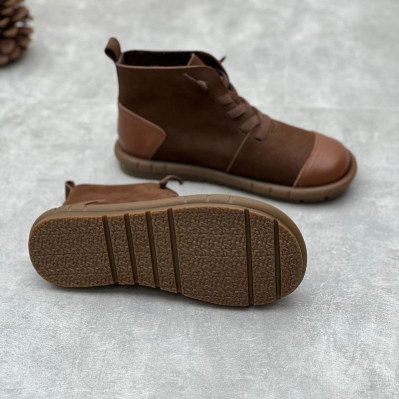 Johnature bottes courtes rétro en cuir de vache faites à la main, bout rond, sangle élastique, chaussures décontractées en cuir véritable pour femmes