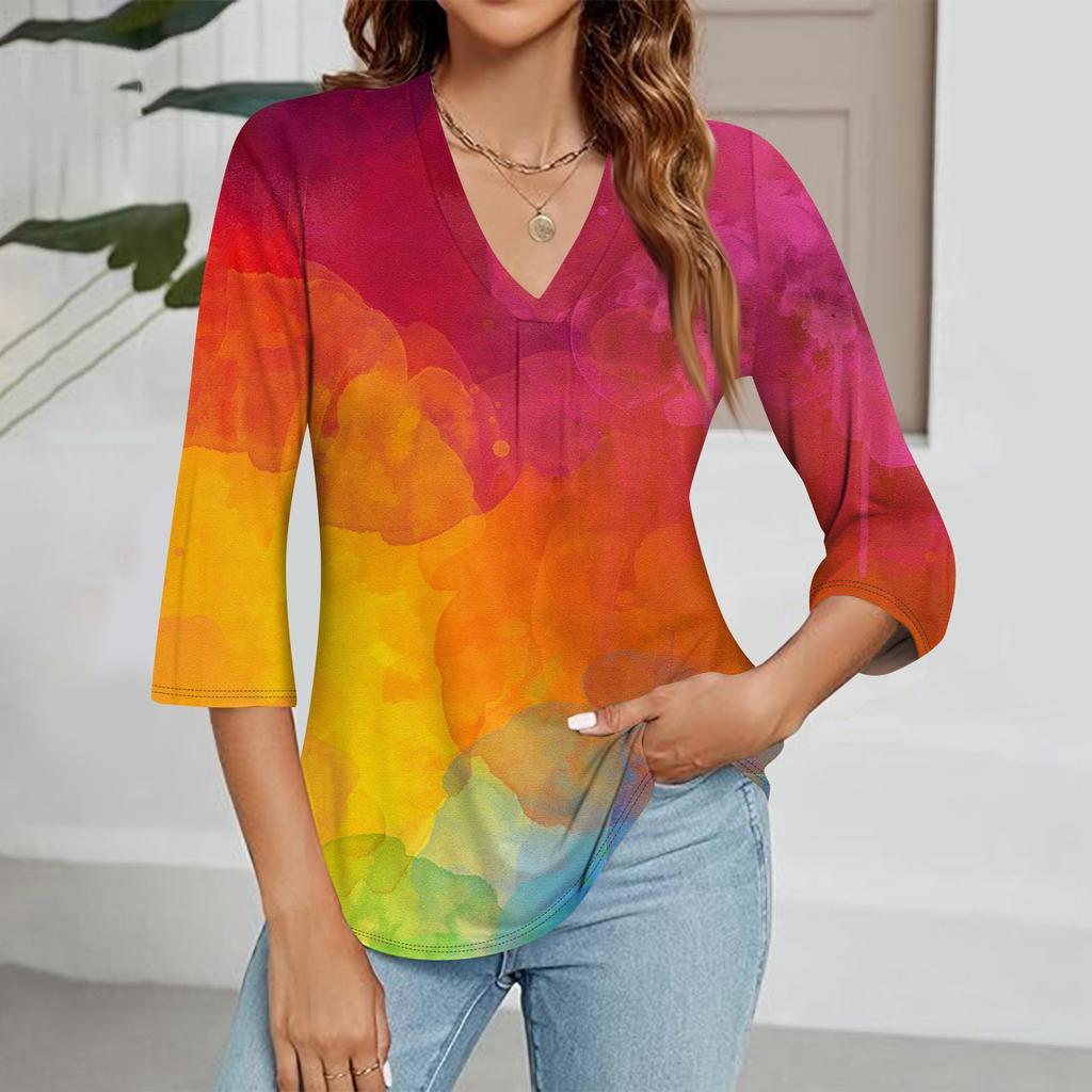 Modisches Oberteil mit V-Ausschnitt, Farbverlauf-Print und Dreiviertelärmeln für Damen