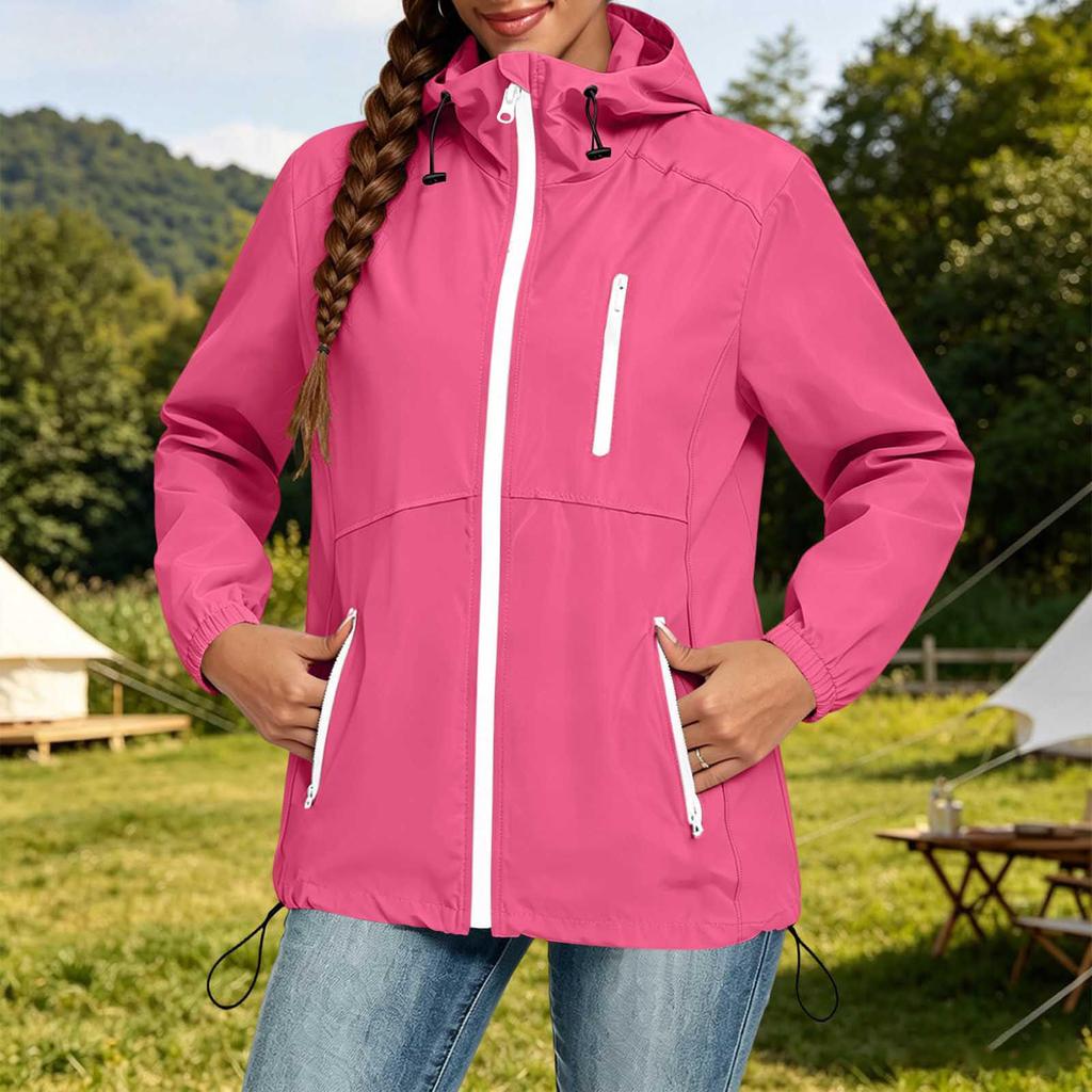 Women's Lightweight Casual Hooded Windbreaker Jacket Drawstring Waist Long Sleeve Zip Up Outerwear for Outdoor Activities