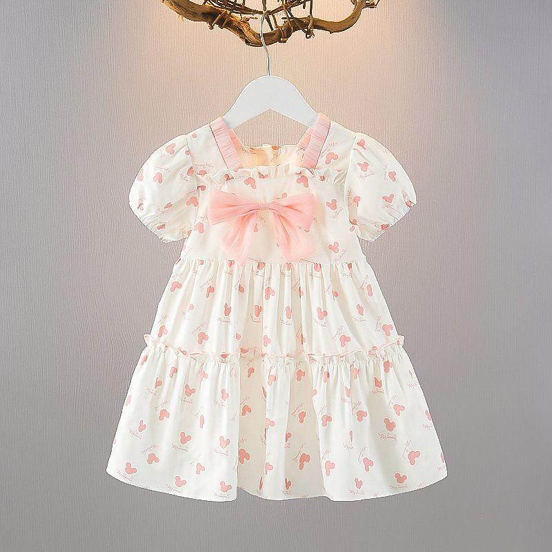 Summer Girls Short Sleeve Dress With Bow Tie Cute Princess Dress For Toddler And Little Kids Fashionable Baby Girl Clothing