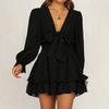 Spring & Autumn V-Neck Long Bubble Sleeve Lace-up Ruffle Dress